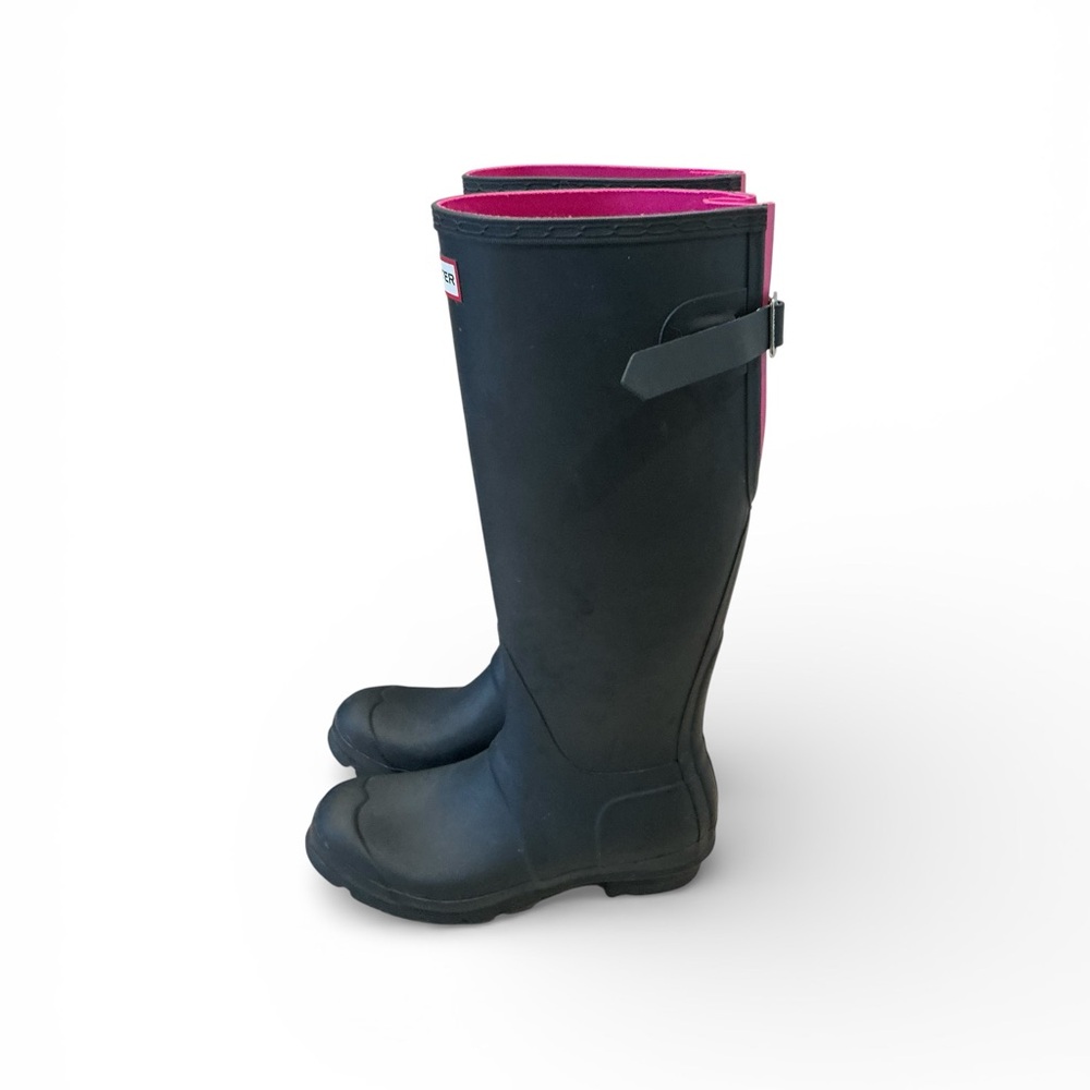 Hunter navy blue and pink adjustable back original tall rainboots size 6 women’s - Picture 2 of 9